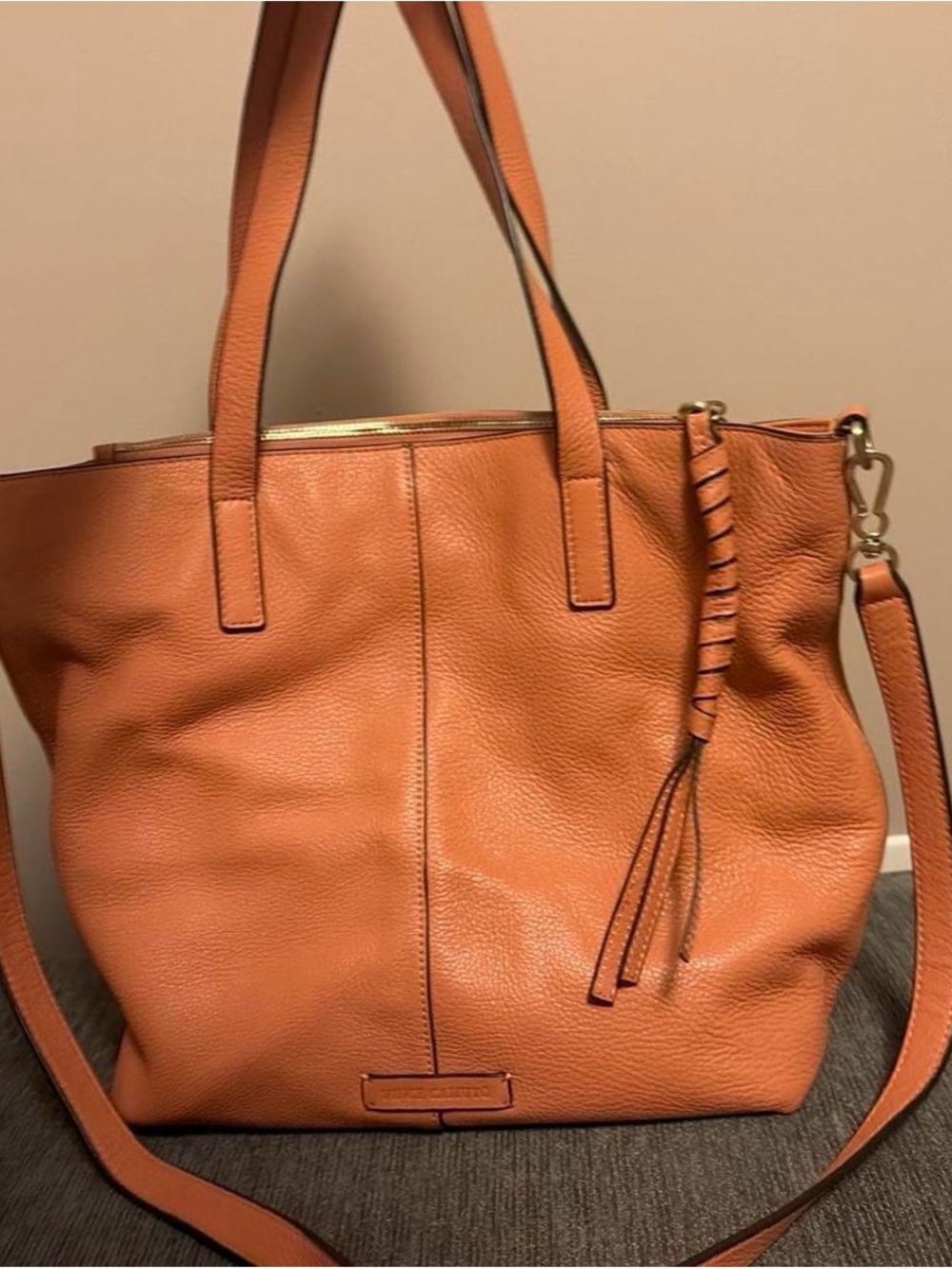 Vince Camuto “Cory” Sweet Mango Pebbled Leather Tote with Braided Tassel